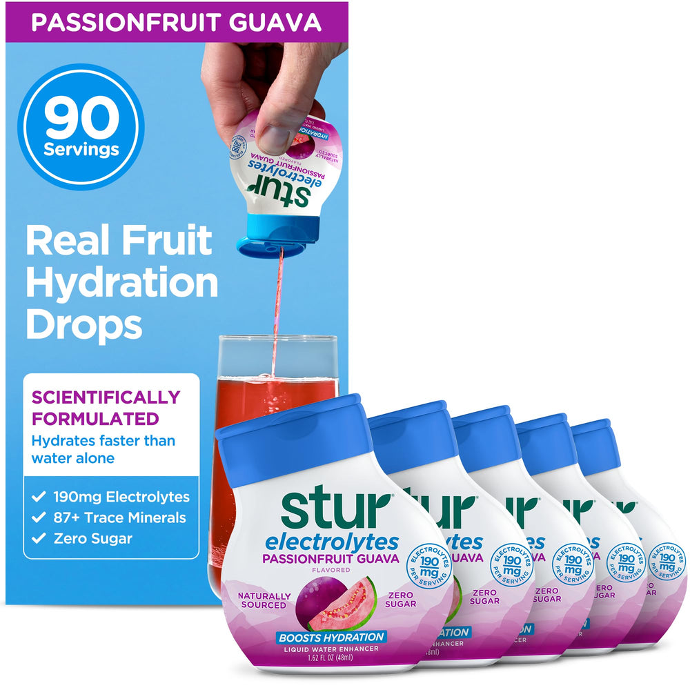 Stur bottle front packaging showing Passionfruit Guava flavor and benefits
