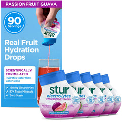 Stur bottle front packaging showing Passionfruit Guava flavor and benefits