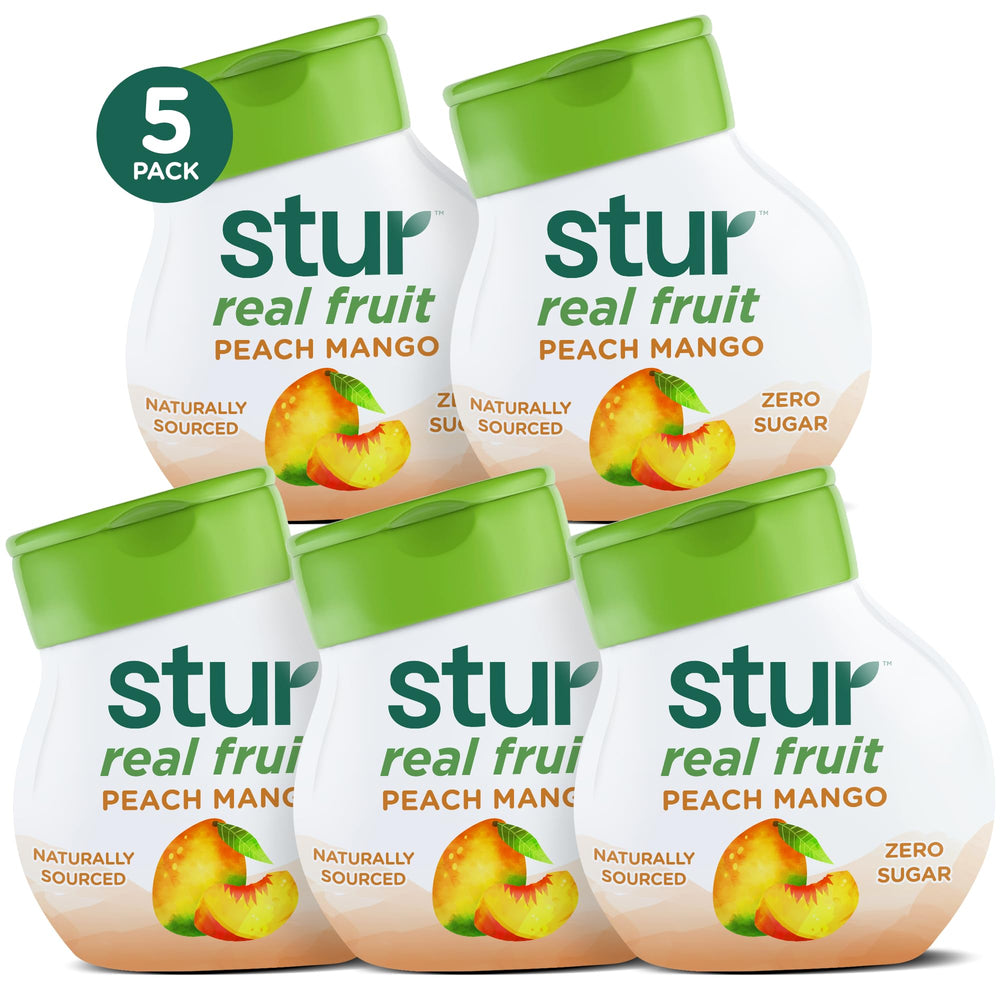 Stur front packaging showing five Peach Mango bottles and convenience