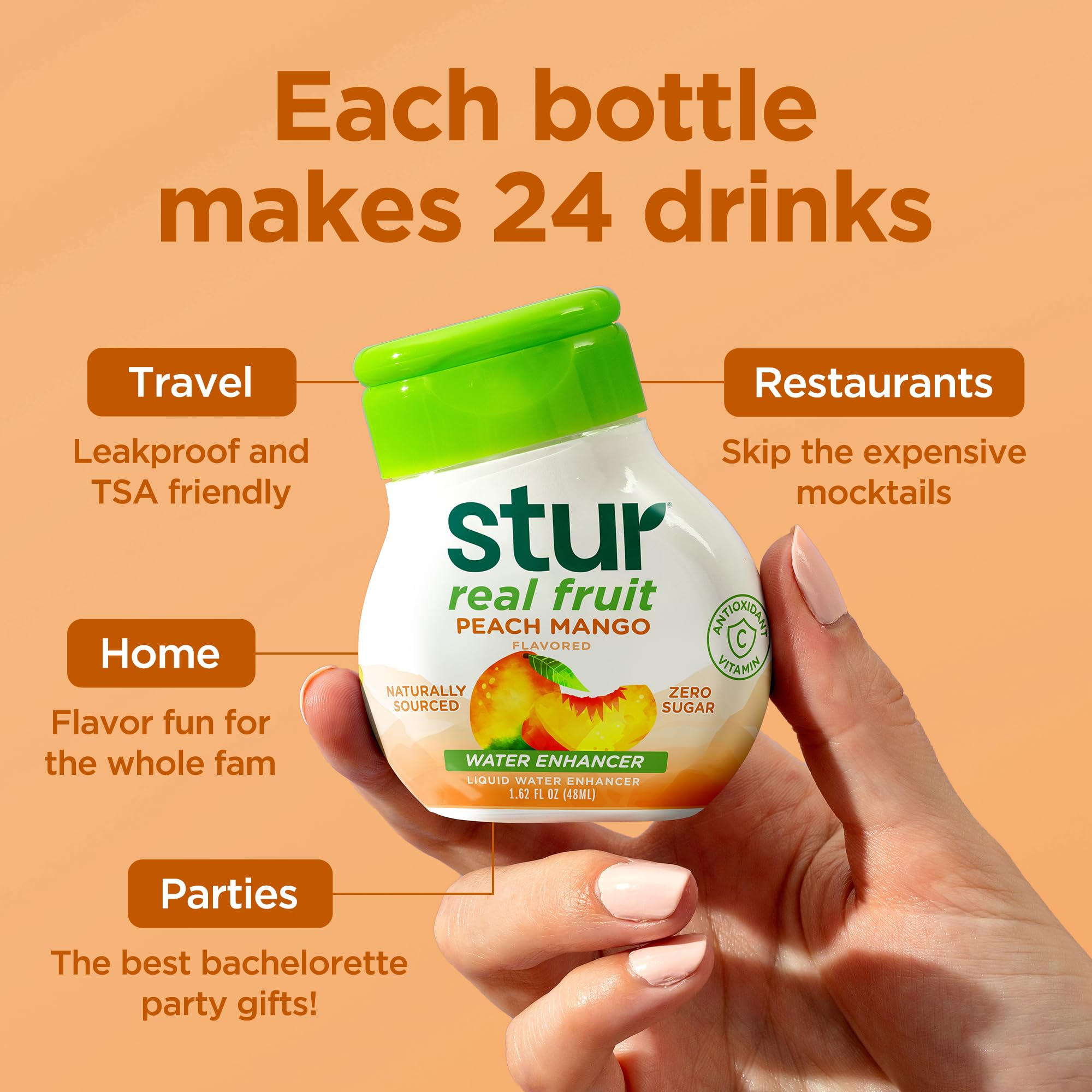 Stur bottle beside standard water bottle showing compact portable size