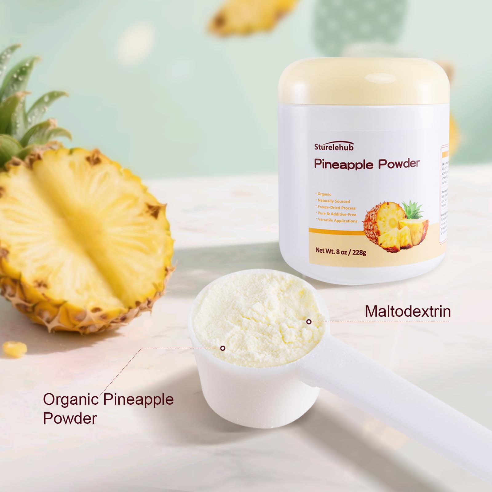 Sturelehub pineapple powder close-up texture showing natural freeze-dried color