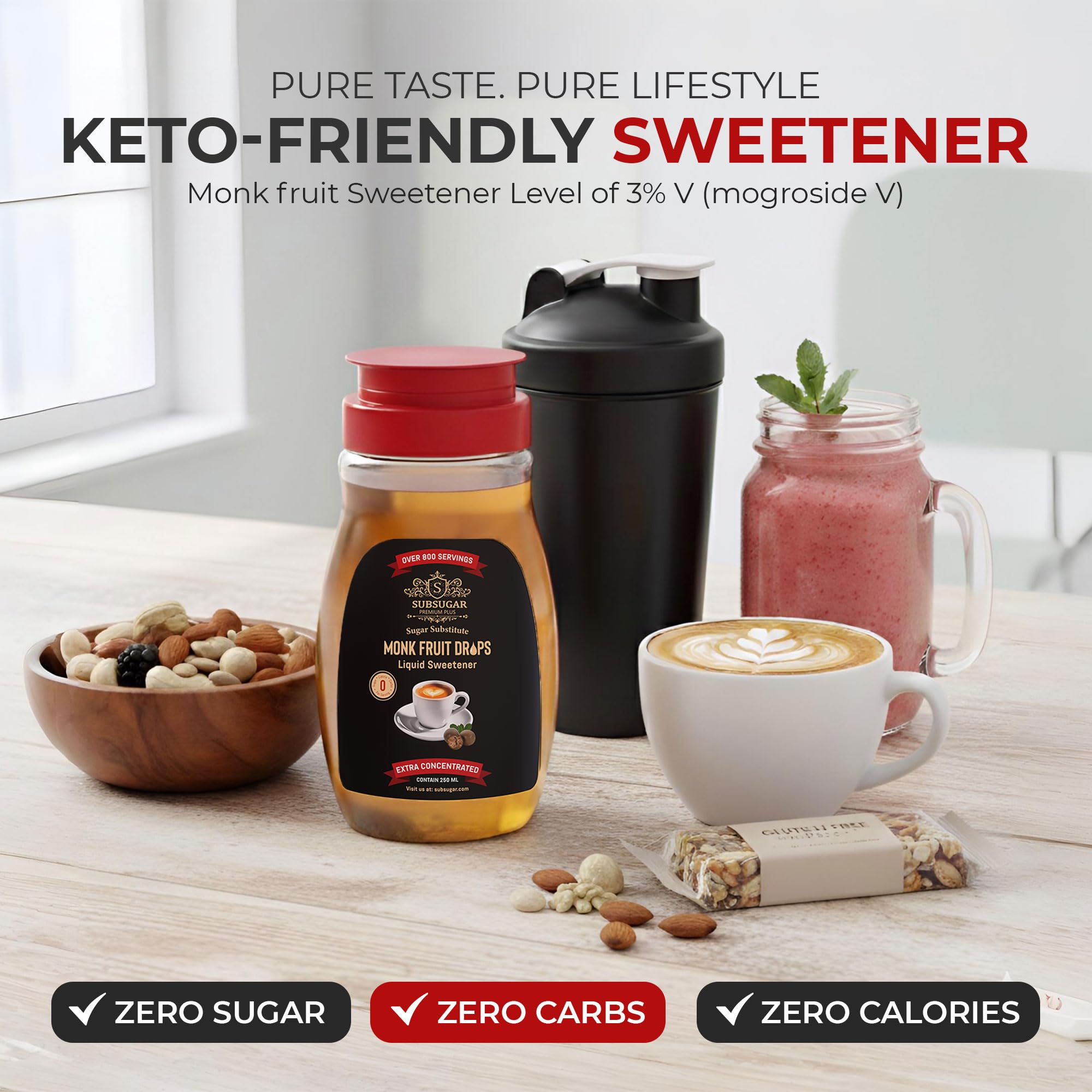 SubSugar bottle on kitchen counter in a lifestyle setting showing convenience benefit