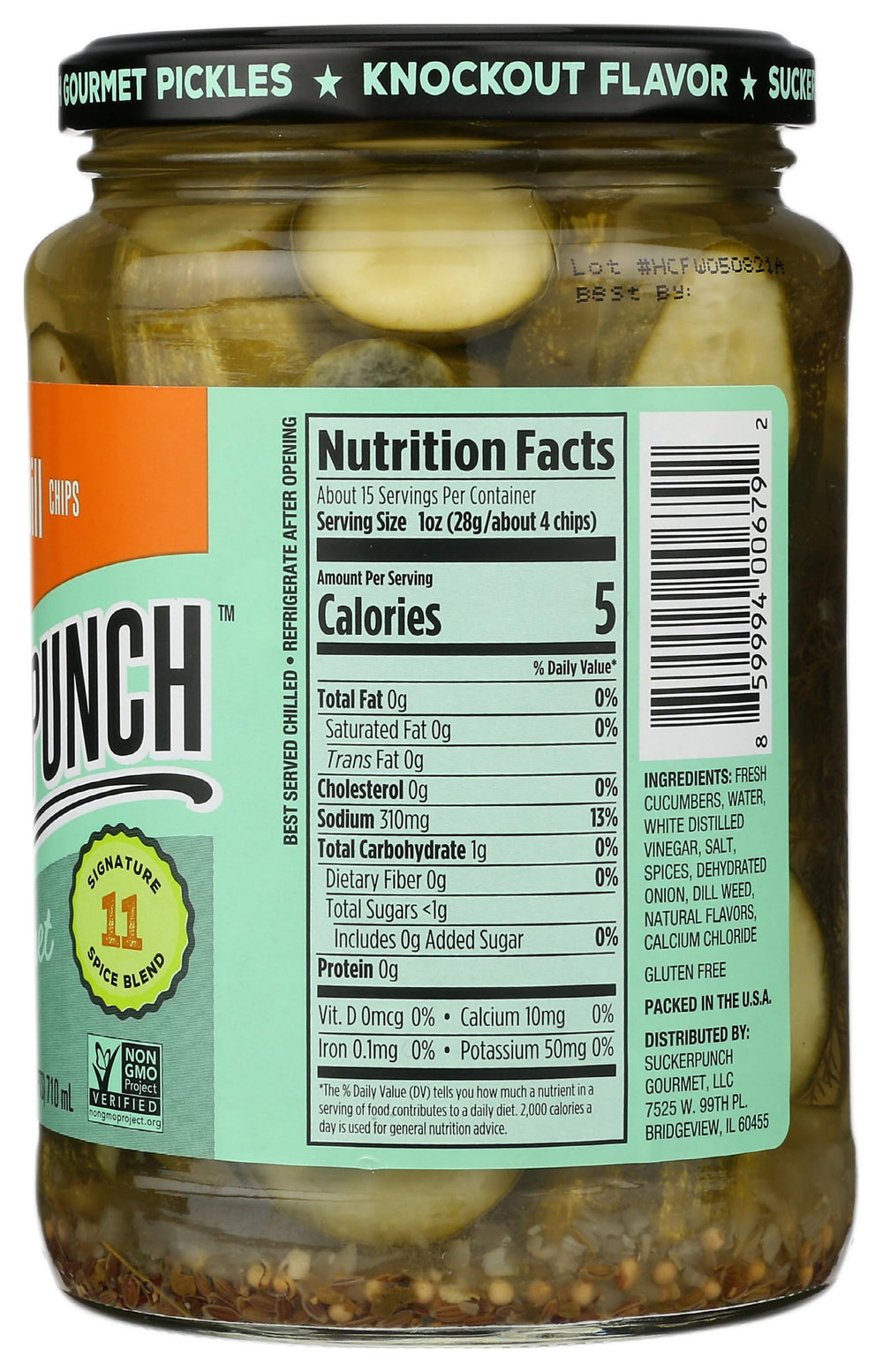 SUCKERPUNCH label close-up showing gluten-free kosher and Non-GMO benefits