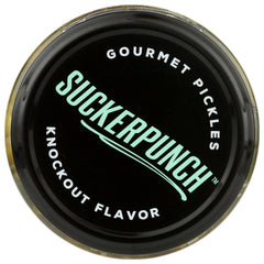 SUCKERPUNCH pickle chips layered on burger adding bright tang and crunch