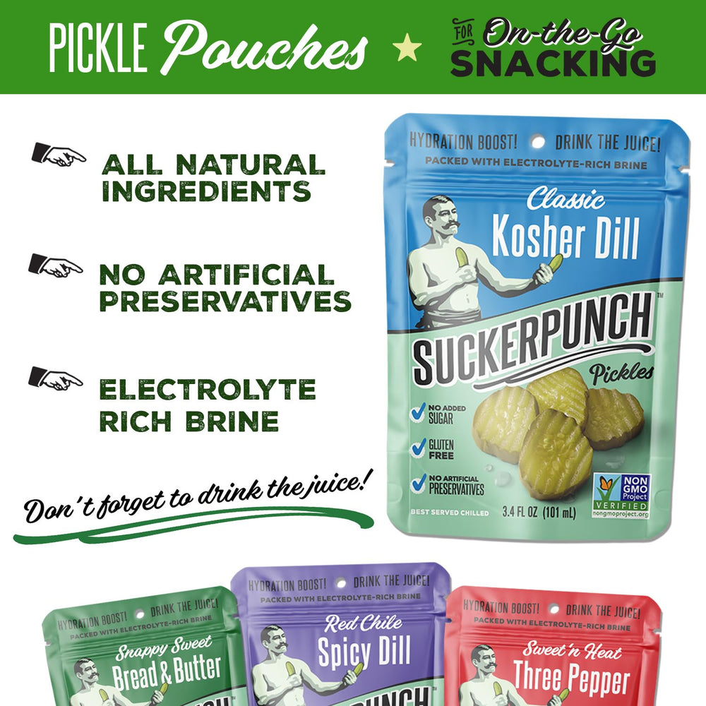 SUCKERPUNCH open pouch with pickle chips ready to eat for grab-and-go benefit