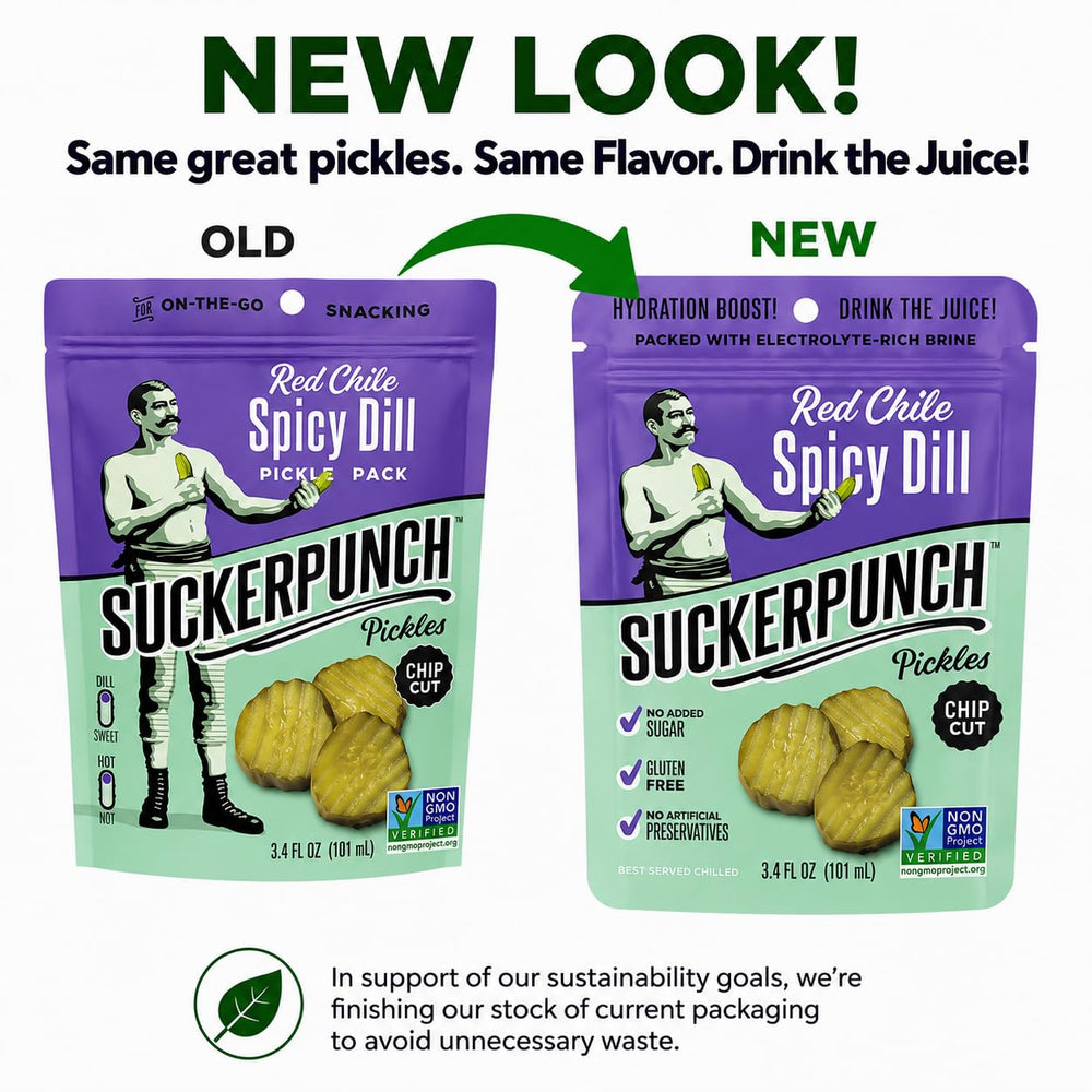 SUCKERPUNCH open pouch revealing chip-cut pickles and benefit travel-ready crunch