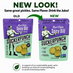 SUCKERPUNCH open pouch revealing chip-cut pickles and benefit travel-ready crunch