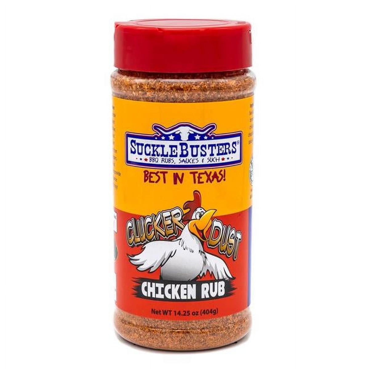 SuckleBusters front shaker showing label and convenient pour top for easy seasoning