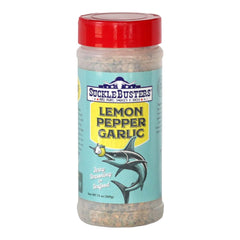 SuckleBusters lemon pepper garlic front shaker showing label and size, adds bright citrus flavor