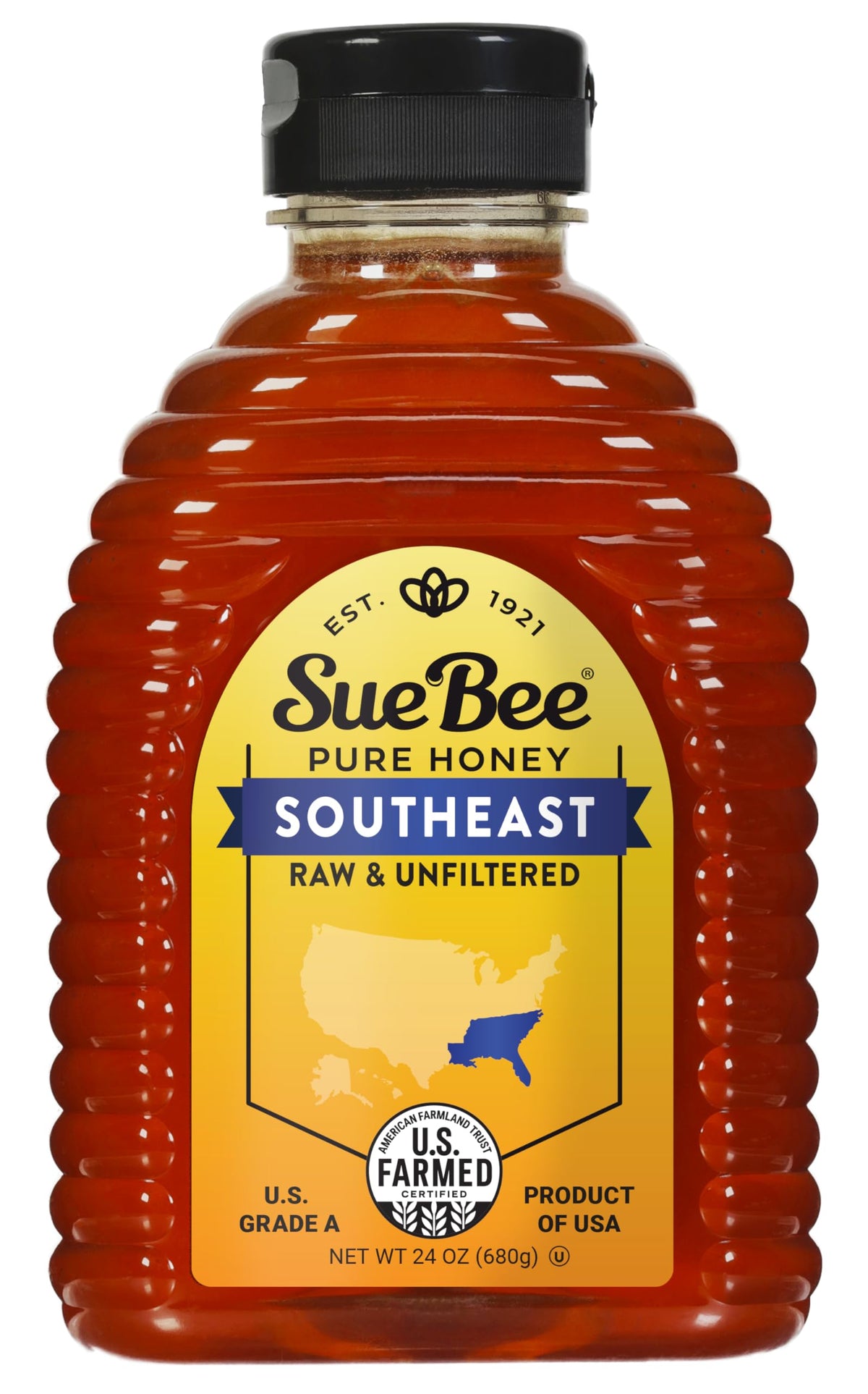 Sue Bee front label on 24 ounce jar showing regional branding and clarity benefit