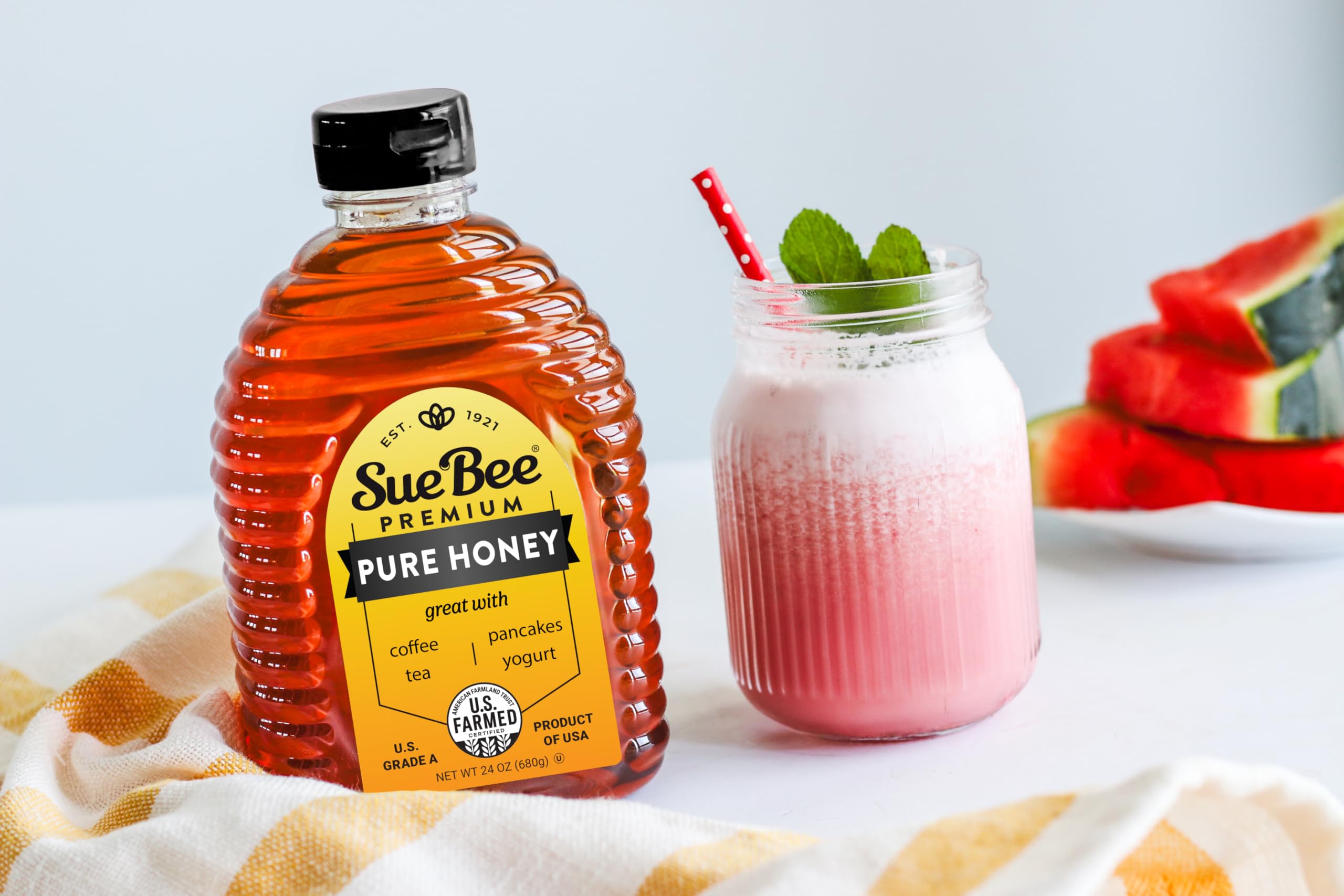 Sue Bee nutrition and Grade A label emphasizing quality assurance