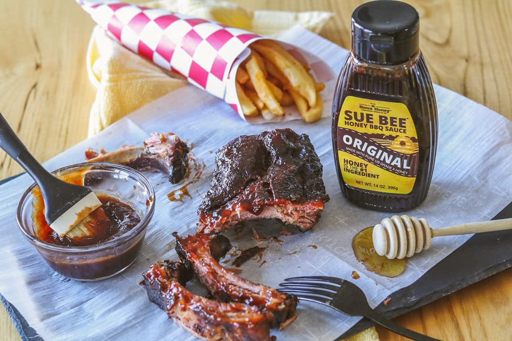Sue Bee sauce on burger showcasing sweet glaze and serving suggestion benefit
