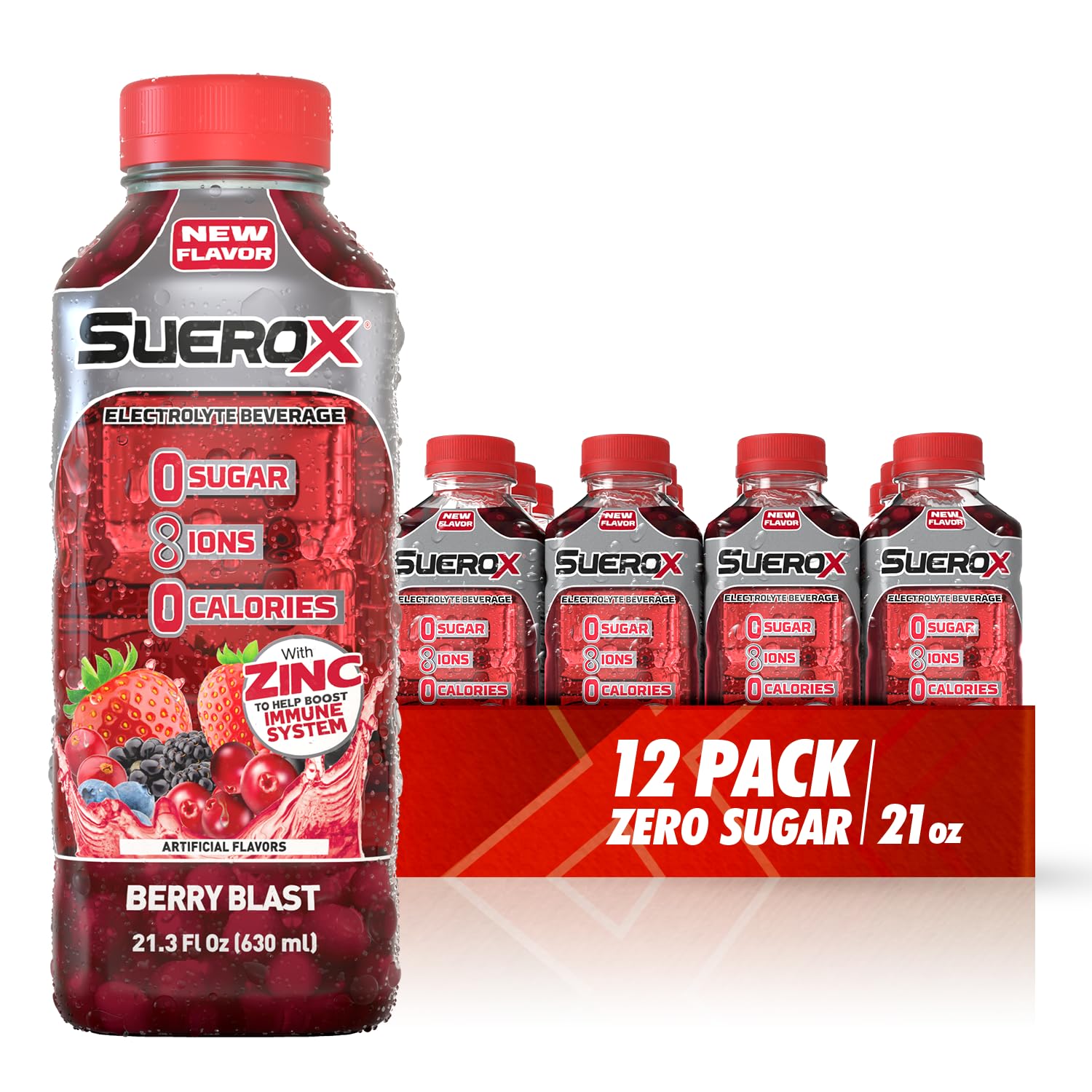 SueroX front bottle showing Berry Blast label and clear branding for quick recognition