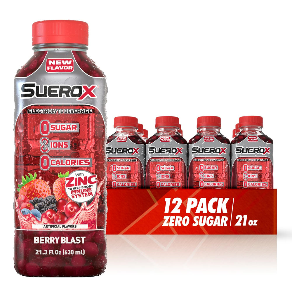 SueroX front bottle showing Berry Blast label and clear branding for quick recognition
