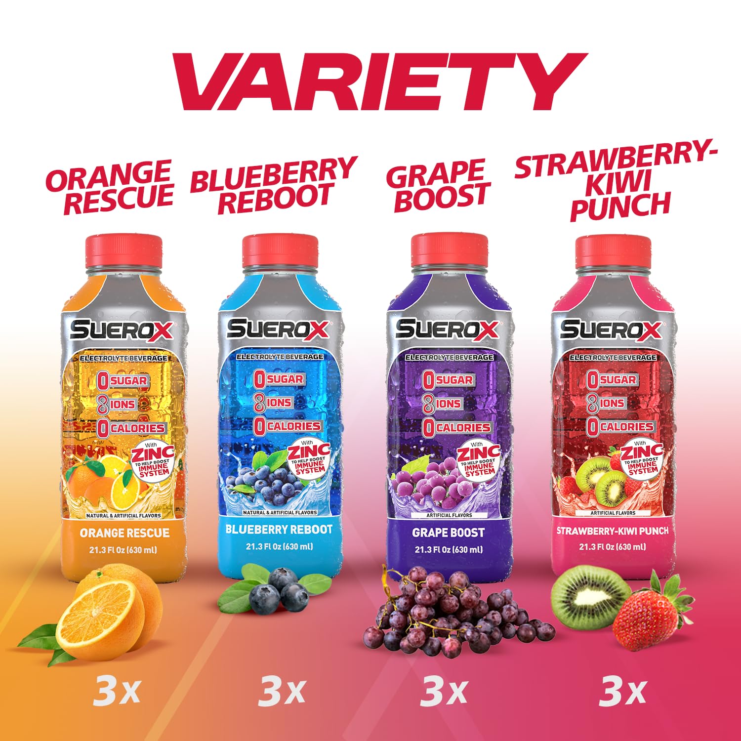 SueroX variety pack bottles lined up showing multiple flavor options