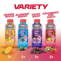 SueroX variety pack bottles lined up showing multiple flavor options