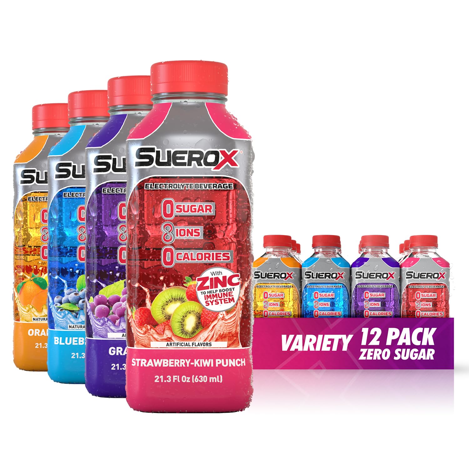 SueroX front bottle label showing brand and zero sugar benefit