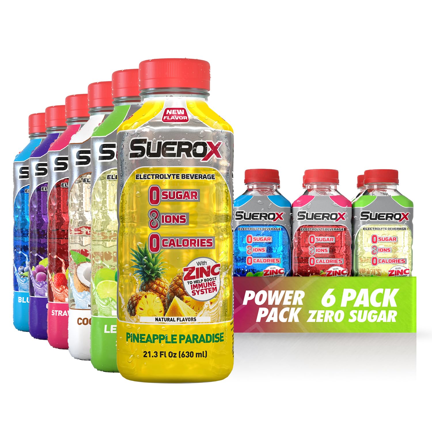 SueroX front pack showing six flavored zero sugar bottles for convenient hydration