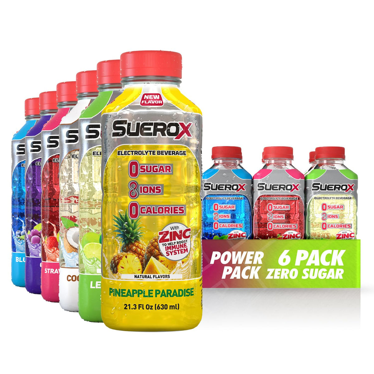 SueroX front pack showing six flavored zero sugar bottles for convenient hydration