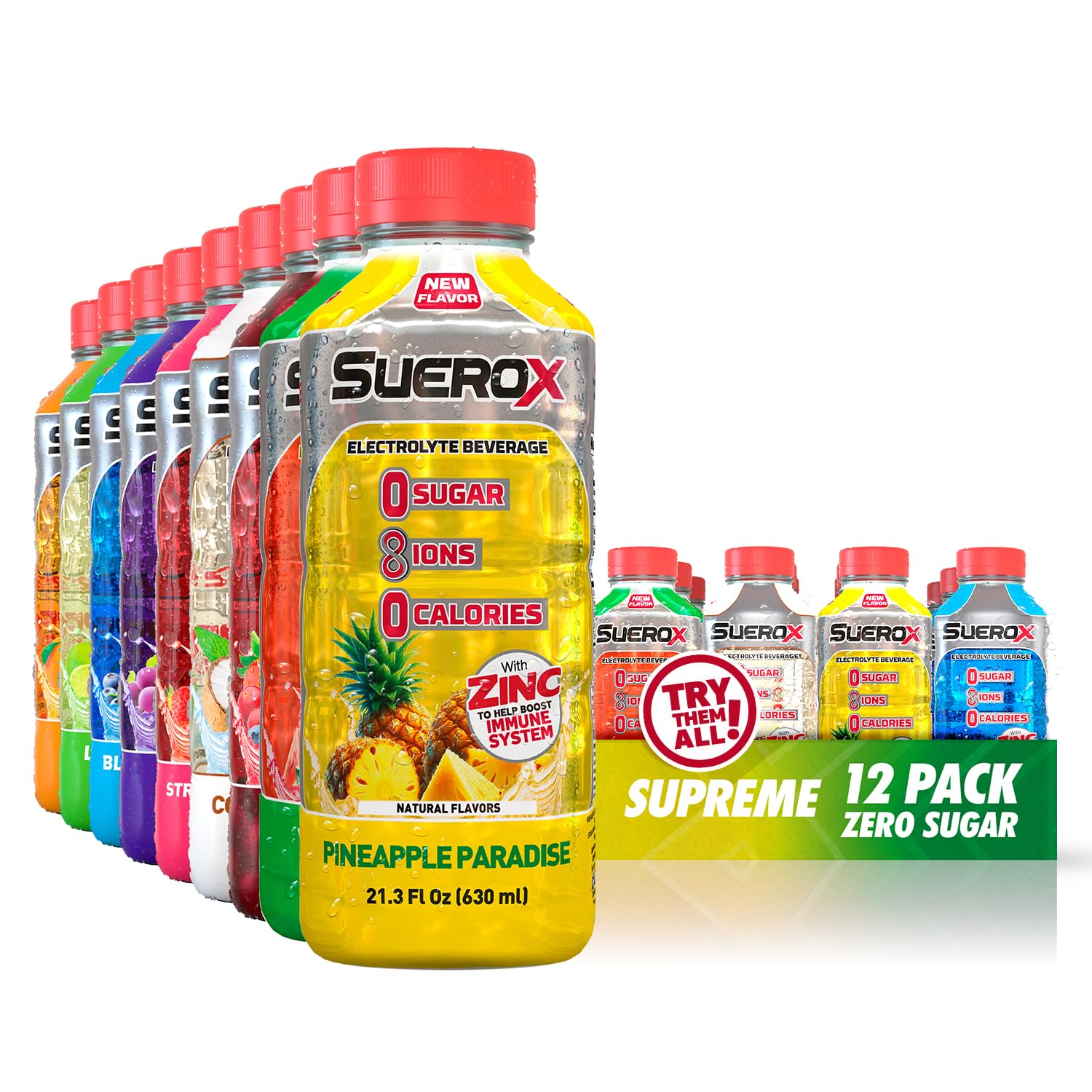 SueroX front pack showing all 12 bottles and variety benefits
