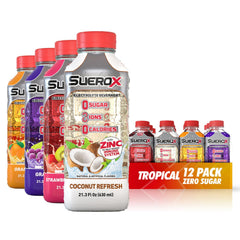 SueroX front packaging showing tropical 12 pack and flavor variety for convenient hydration