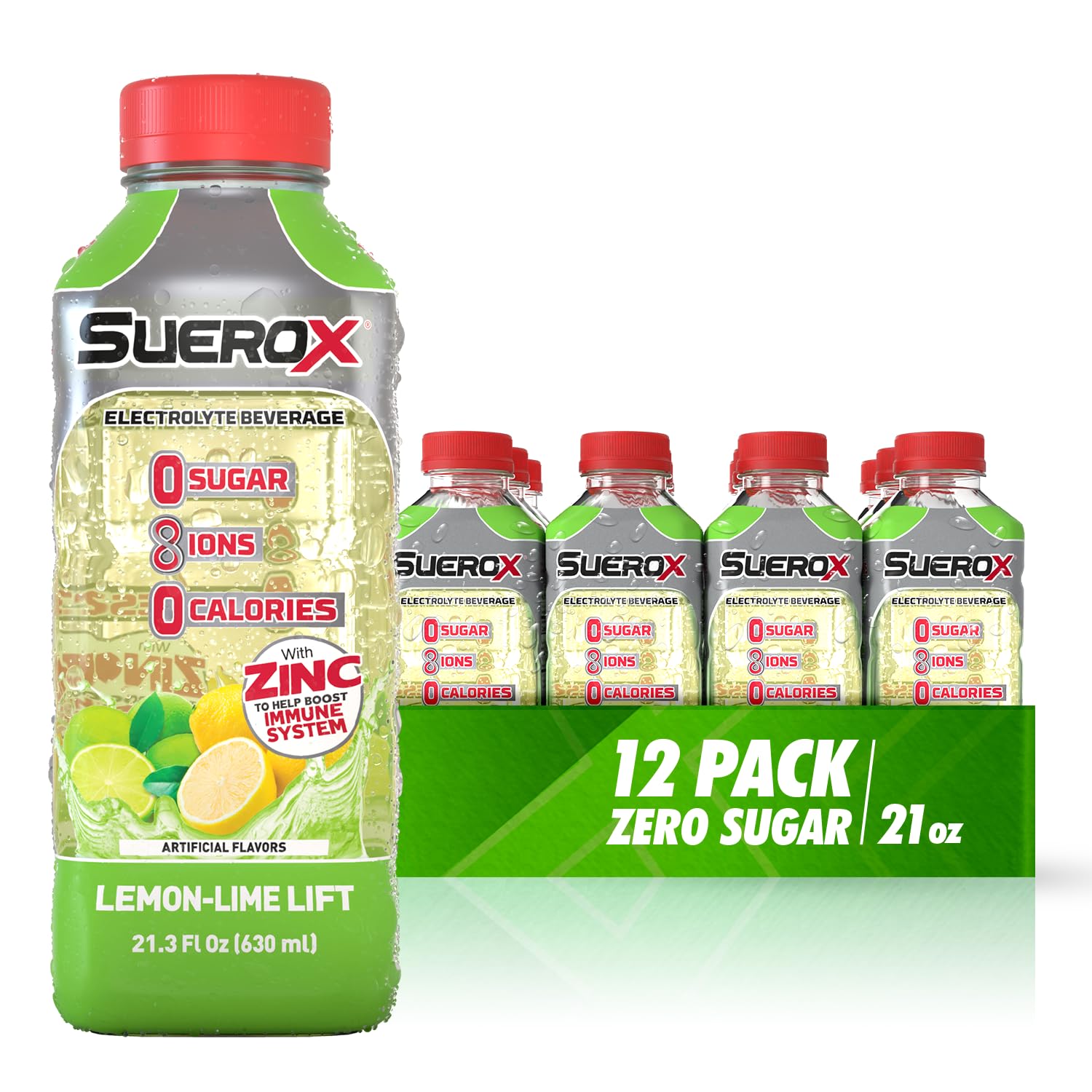 SueroX front packaging showing lemon flavor and zero sugar benefit