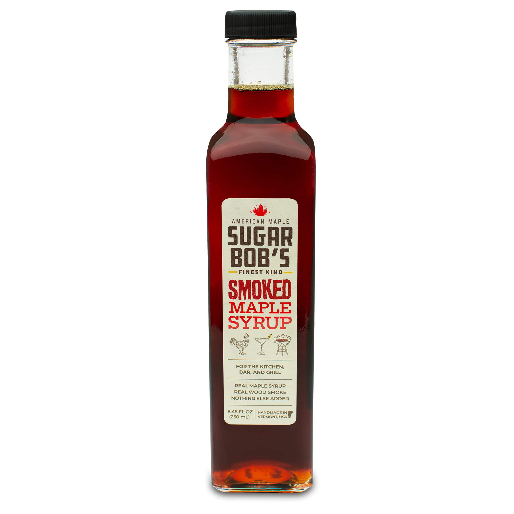 Sugar Bob's Finest Kind front bottle showing smoked maple syrup and premium packaging