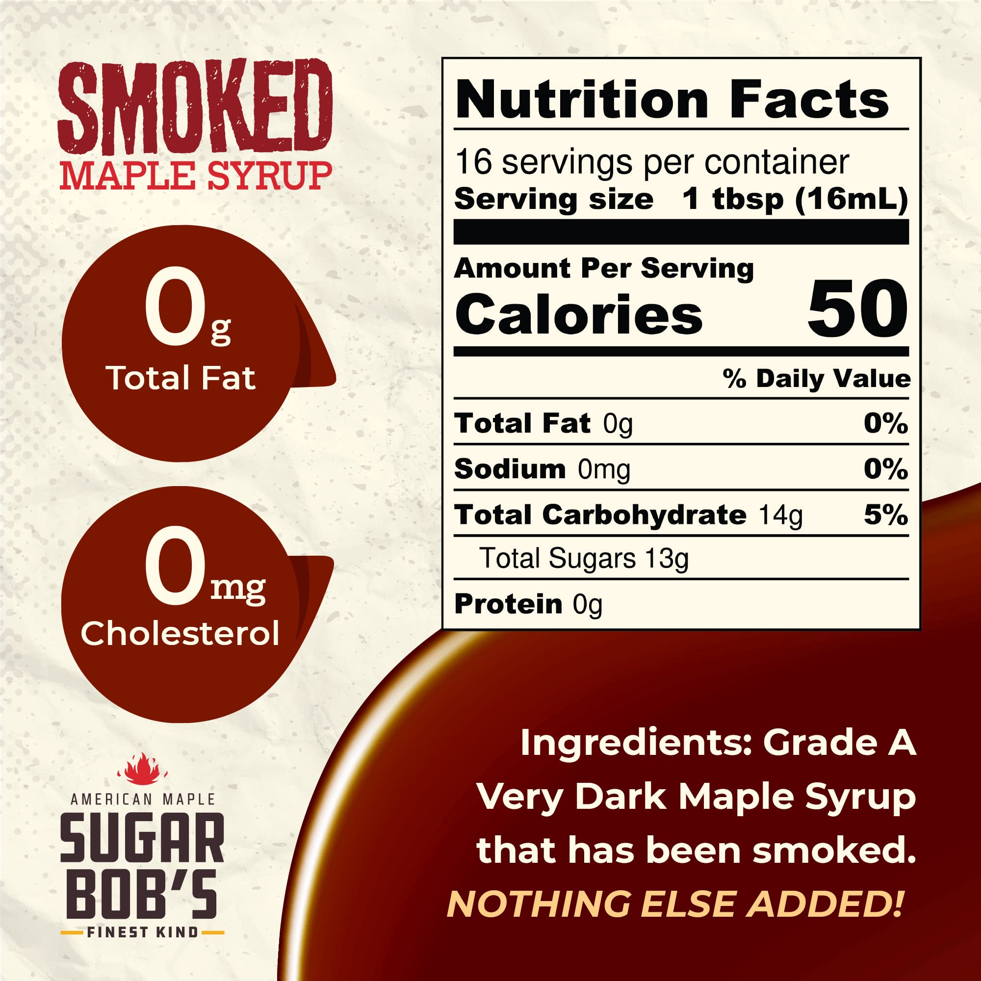 Sugar Bob's Finest Kind label close-up highlighting small-batch smoked maple quality