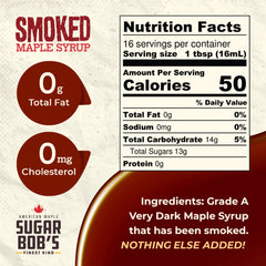 Sugar Bob's Finest Kind label close-up highlighting small-batch smoked maple quality