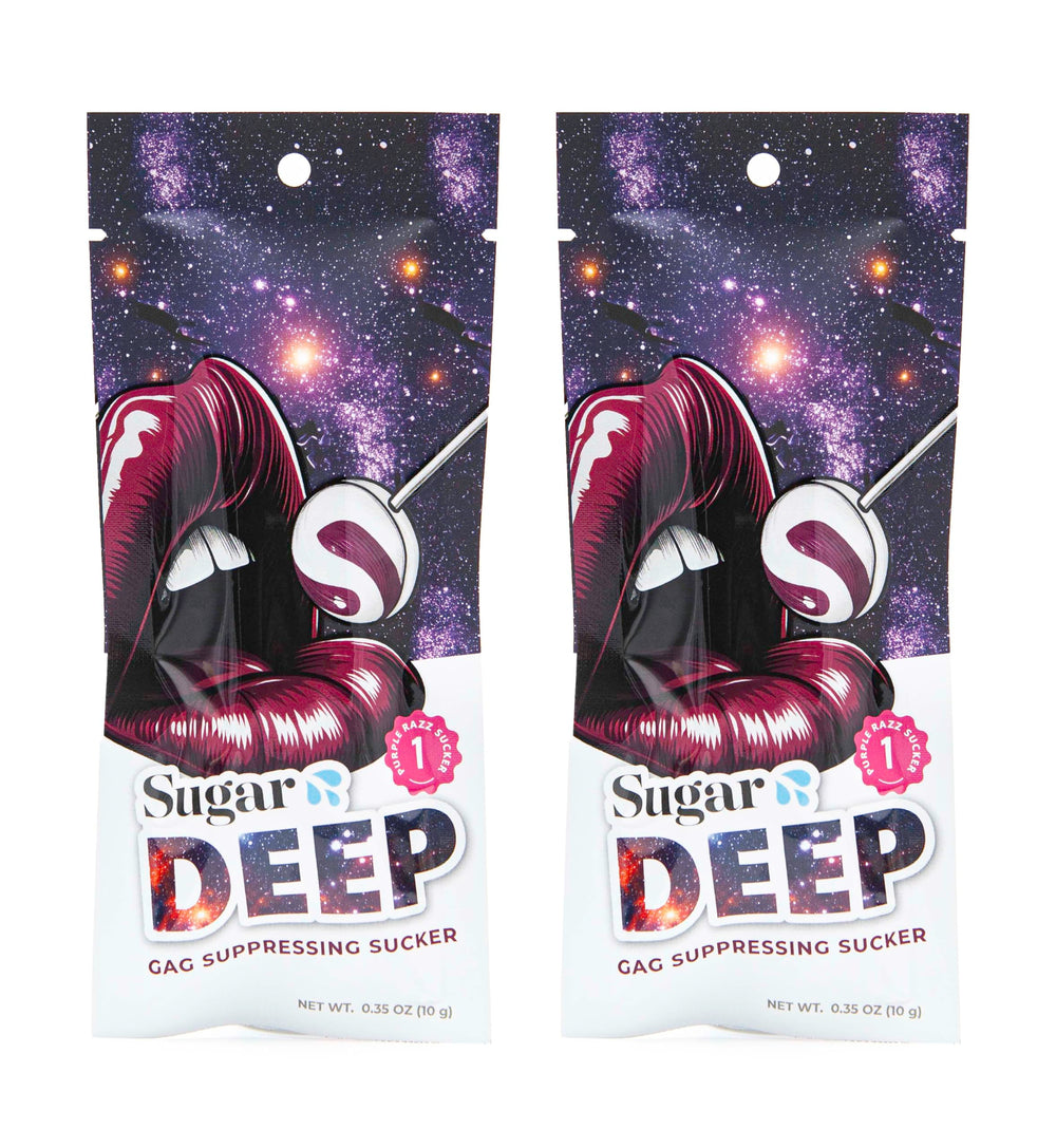 SUGAR SPLASH front packaging showing two purple raspberry suckers and branding benefit clarity