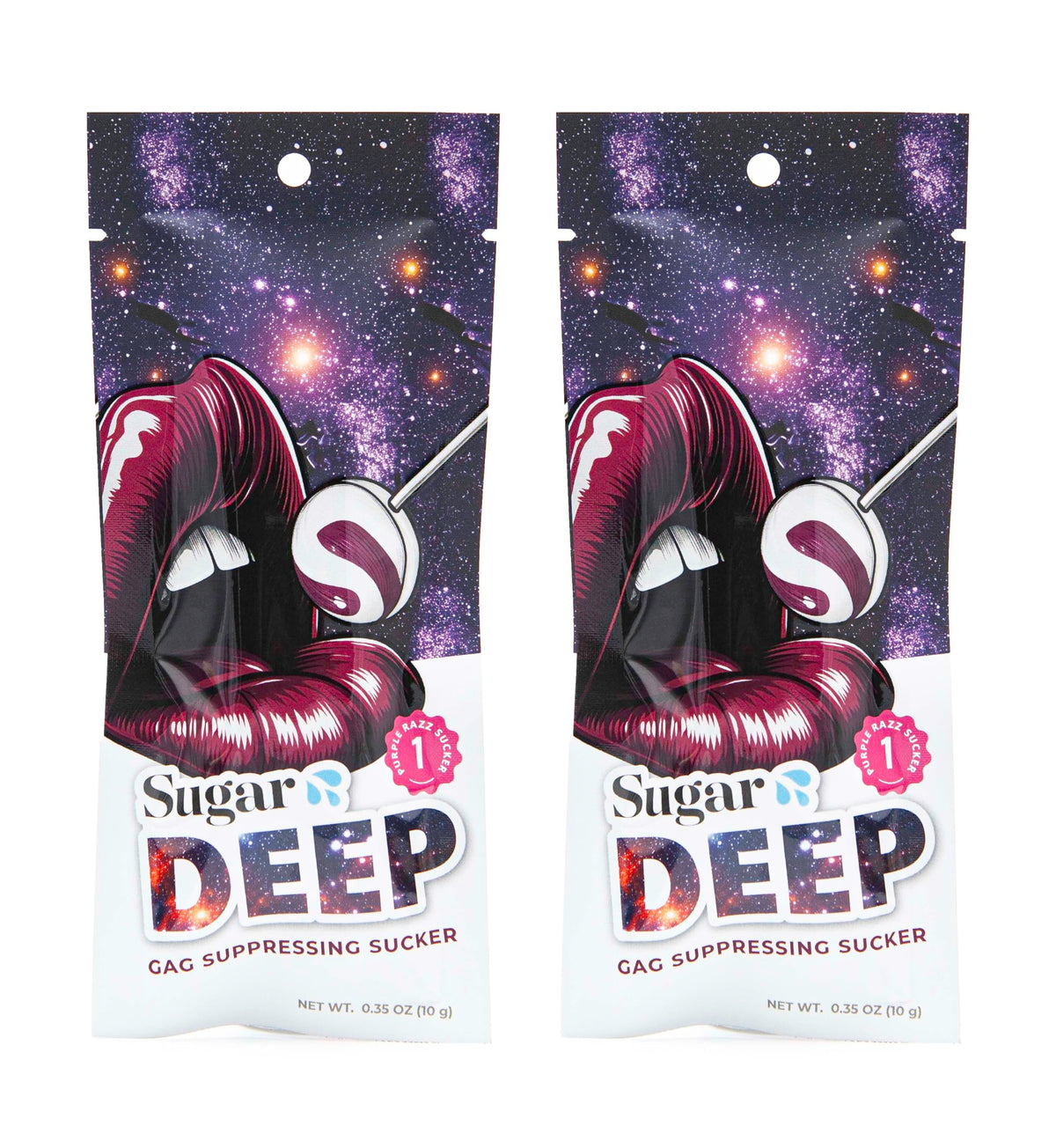 SUGAR SPLASH front packaging showing two purple raspberry suckers and branding benefit clarity