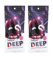 SUGAR SPLASH front packaging showing two purple raspberry suckers and branding benefit clarity