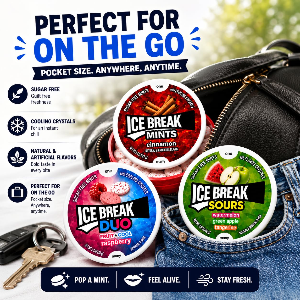 Sugarloft Co. Ice Breakers six tins lined up displaying flavor variety and convenience