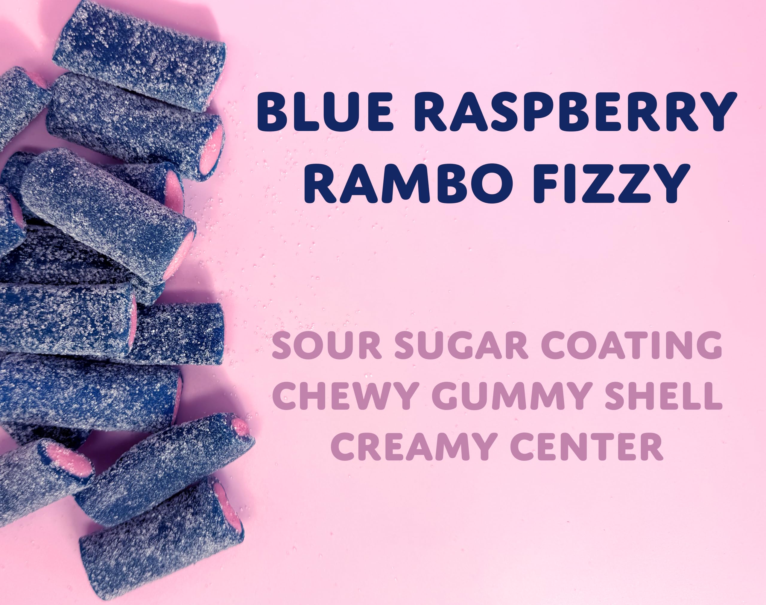 Sugarloo World close-up of blue raspberry licorice shell highlighting chewy texture benefit