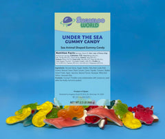 Sugarloo World gummy handful beside a hand showing size and portioning