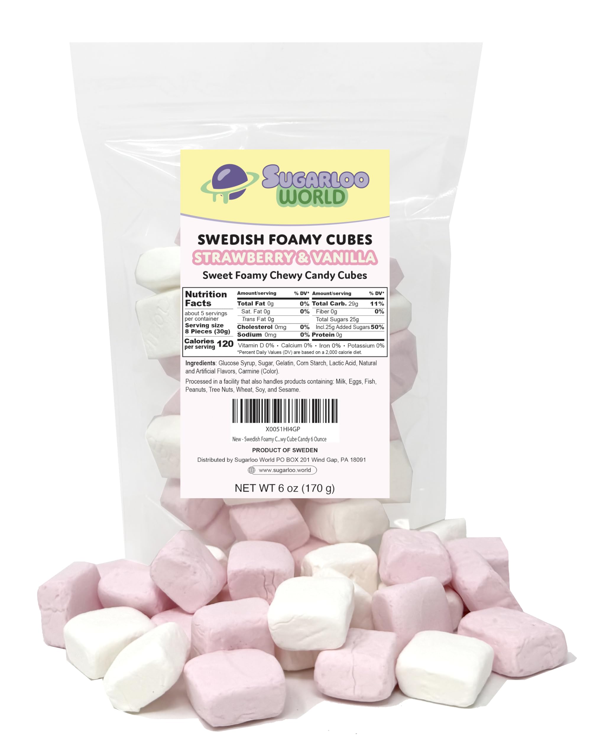Sugarloo World front packaging showing strawberry vanilla candy and clear bag benefit