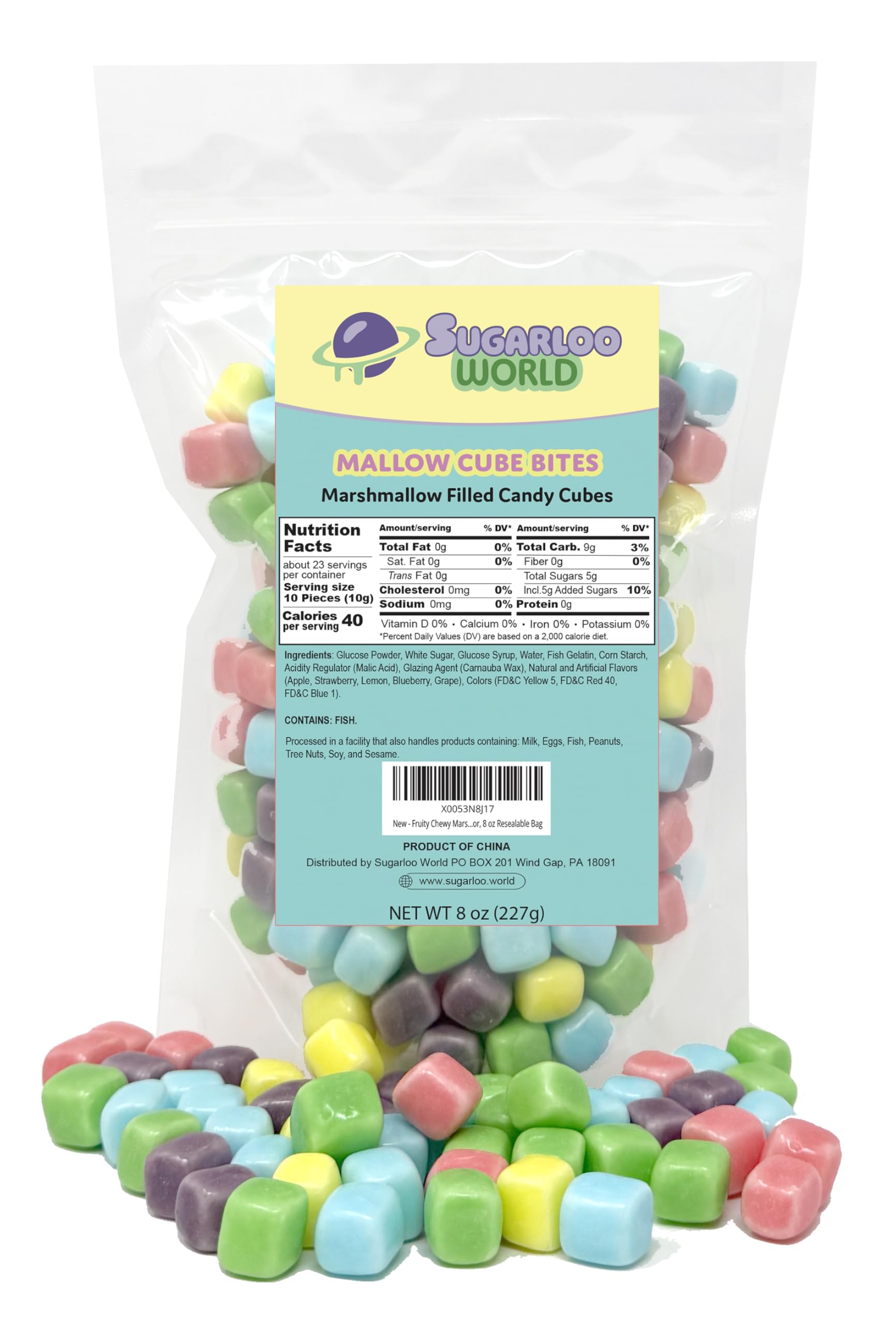 Sugarloo World front packaging showing colorful candy cubes and resealable bag benefit