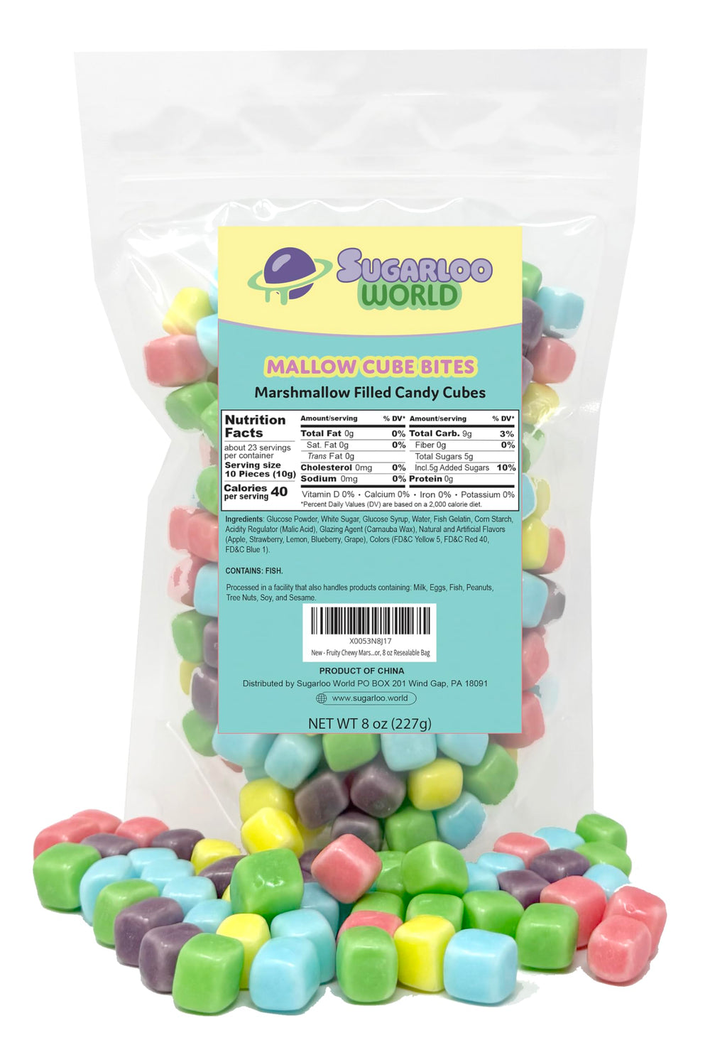 Sugarloo World front packaging showing colorful candy cubes and resealable bag benefit