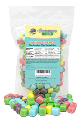 Sugarloo World front packaging showing colorful candy cubes and resealable bag benefit