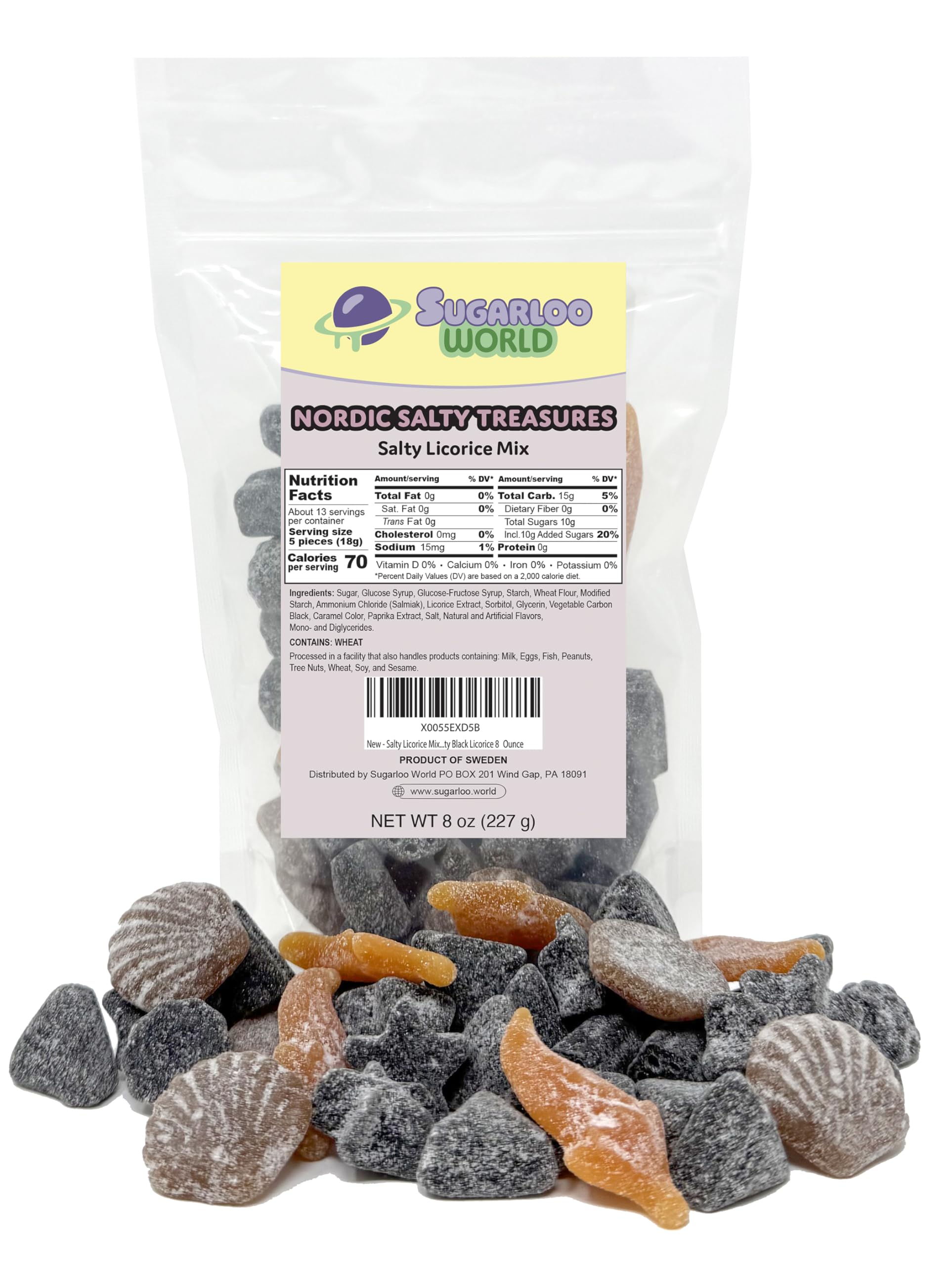 Sugarloo World front packaging showing 8-ounce bag and Swedish branding, highlights authenticity