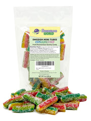 Sugarloo World front packaging shows resealable 8 oz bag and vibrant stripes, fresh snack convenience