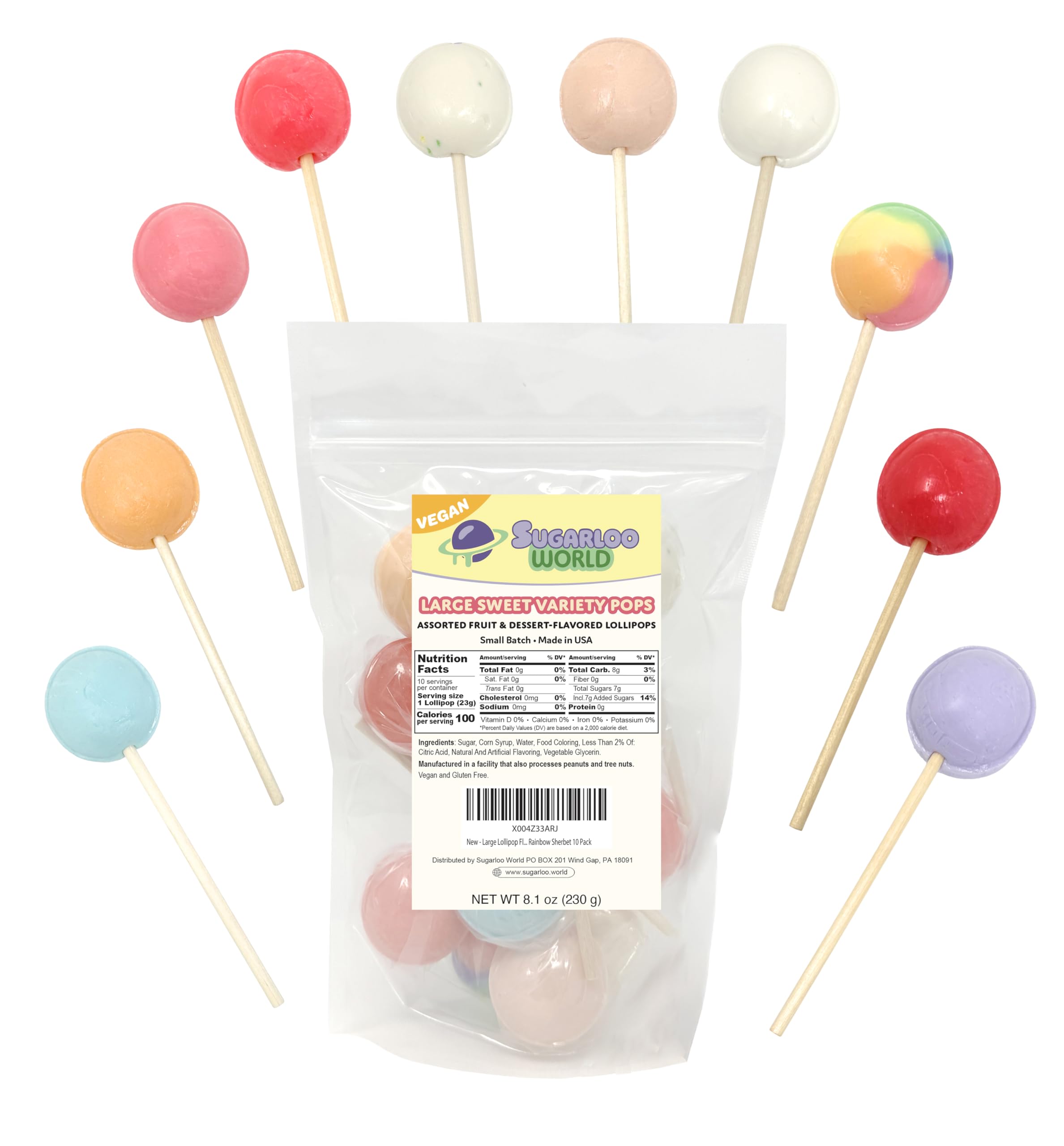 Sugarloo World pack front showing ten individually wrapped lollipops and bright branding