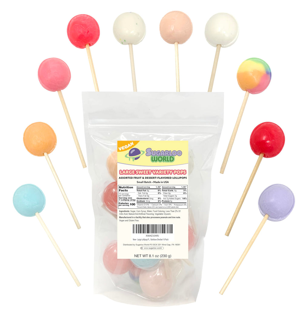 Sugarloo World pack front showing ten individually wrapped lollipops and bright branding