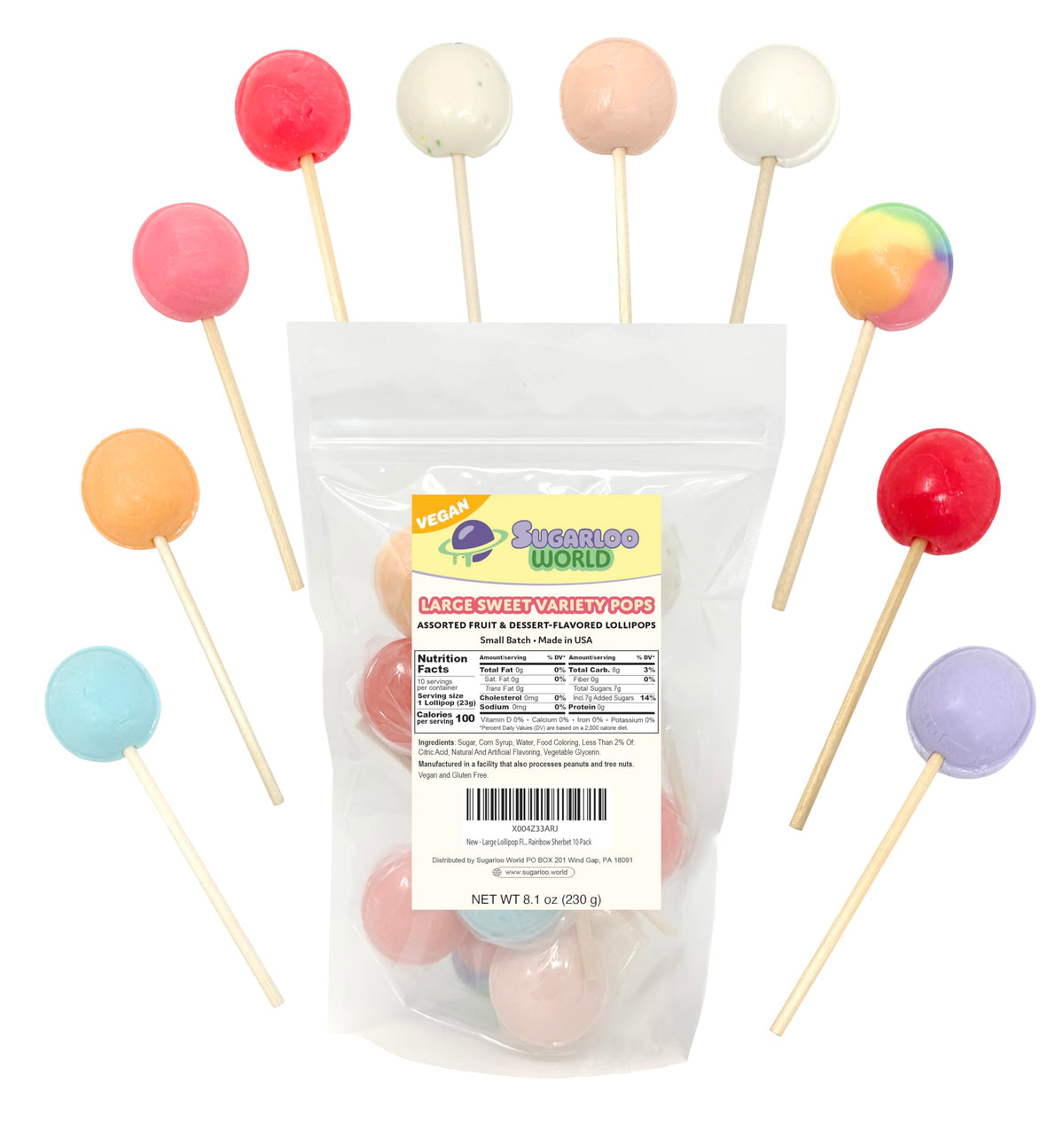 Sugarloo World pack front showing ten individually wrapped lollipops and bright branding