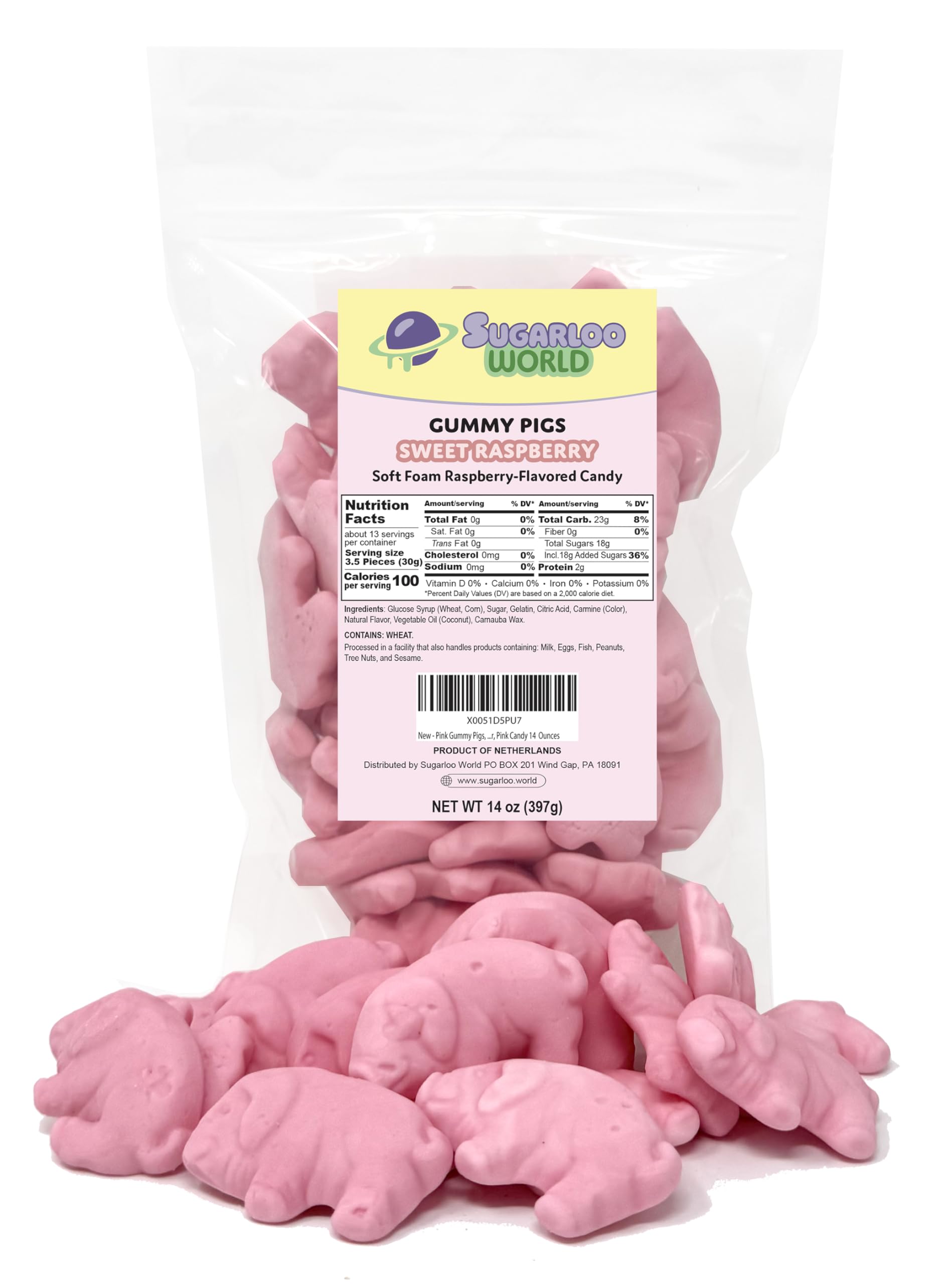 Sugarloo World front packaging showing 14 ounce pink pig gummies, joyful presentation
