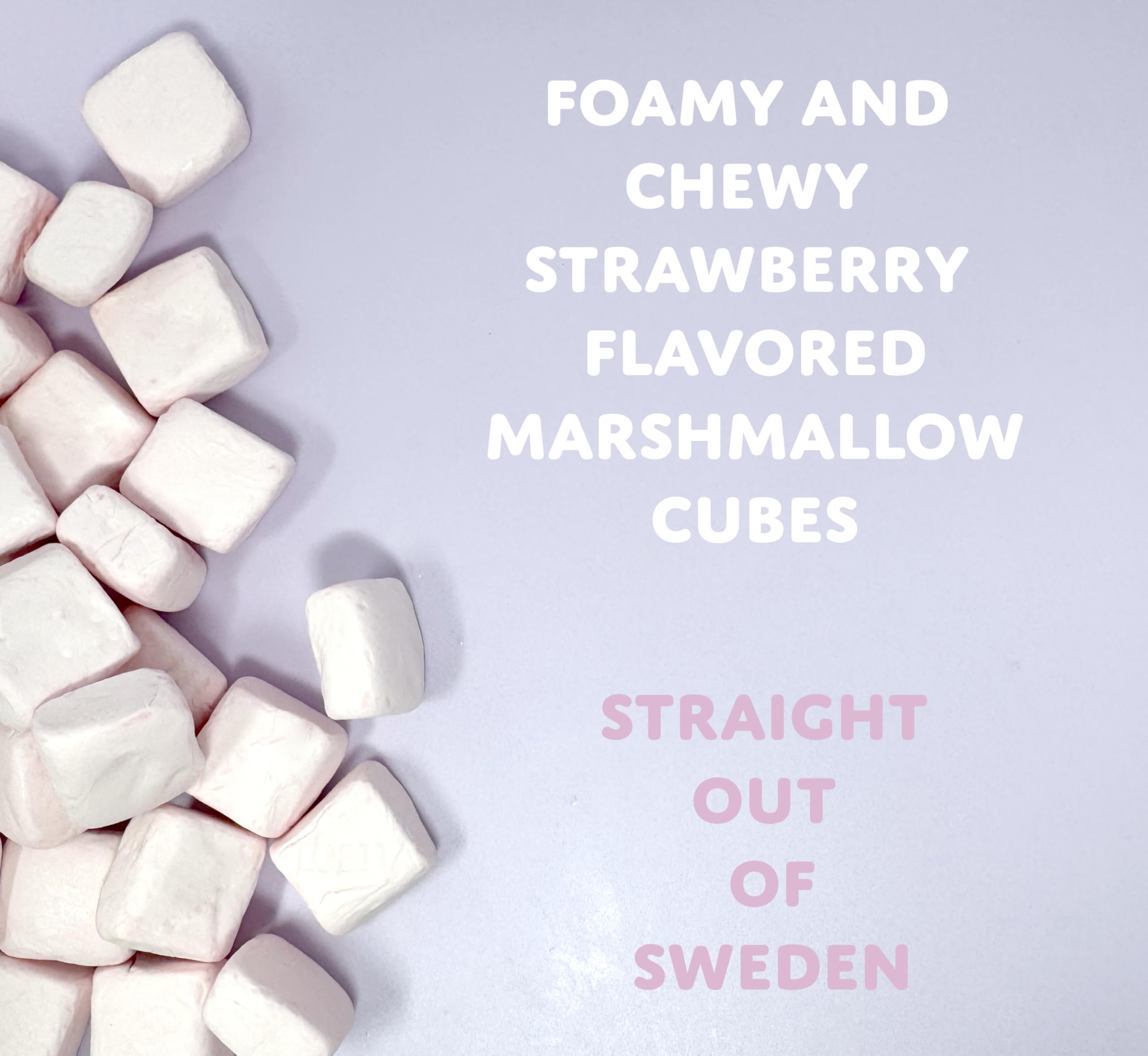 Sugarloo World close-up of strawberry marshmallow cube texture, highlighting airy softness