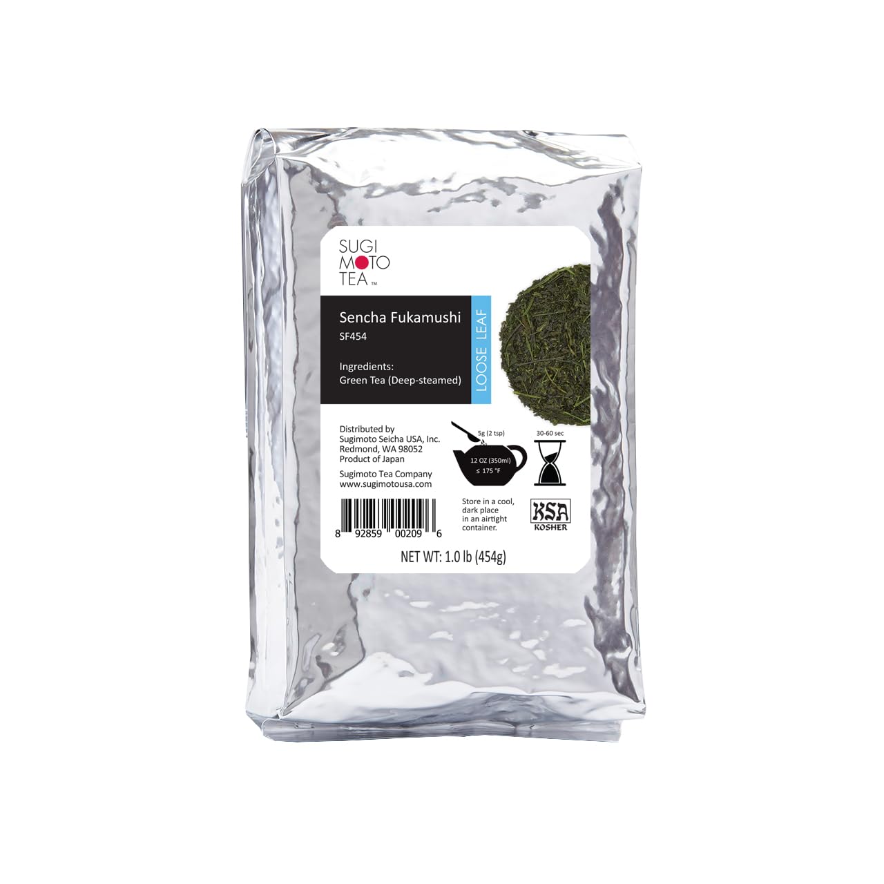 SUGIMOTO TEA front packaging showing 1 lb bulk sencha, emphasizes freshness