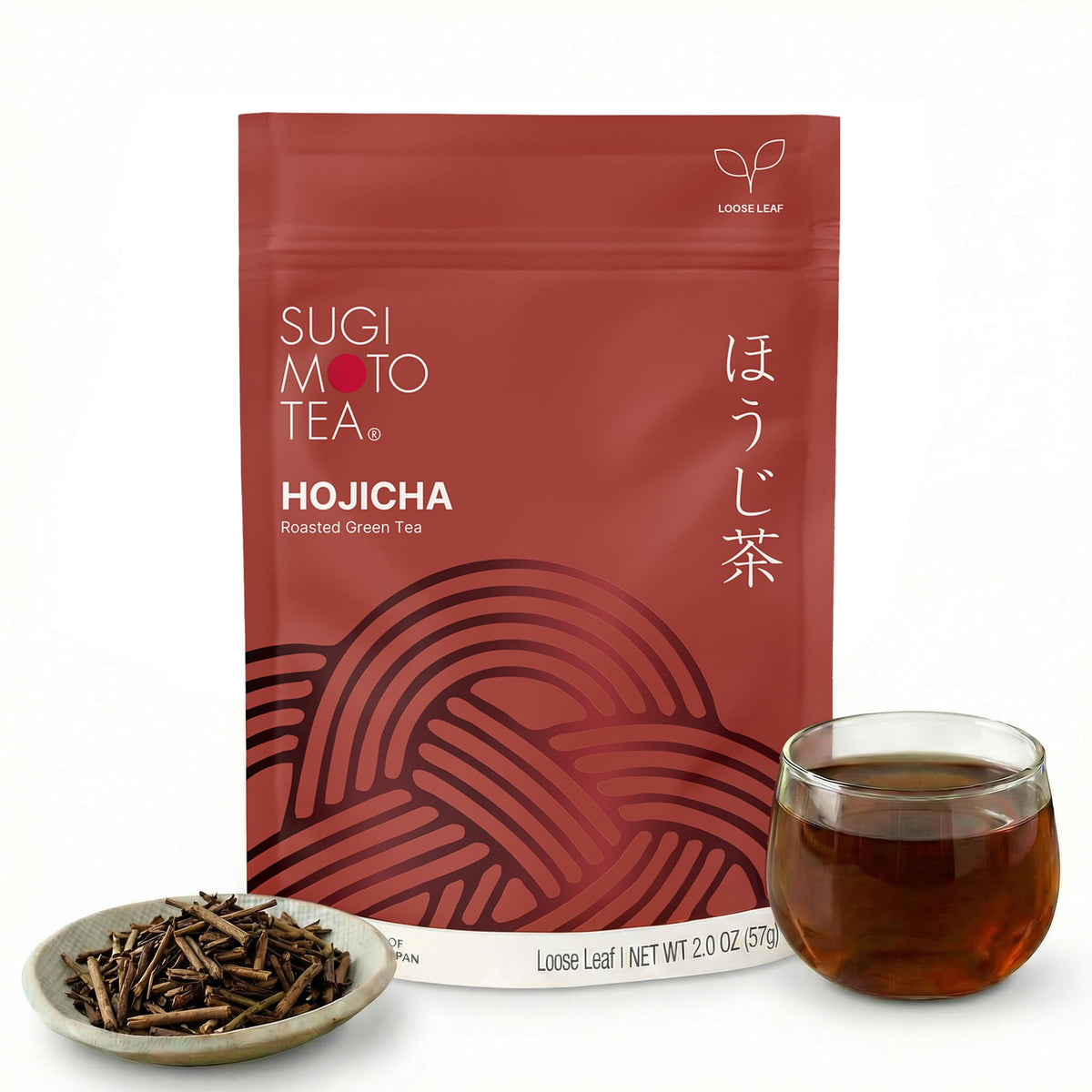 SUGIMOTO TEA front pouch showing hojicha packaging and freshness