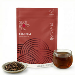 SUGIMOTO TEA front pouch showing hojicha packaging and freshness