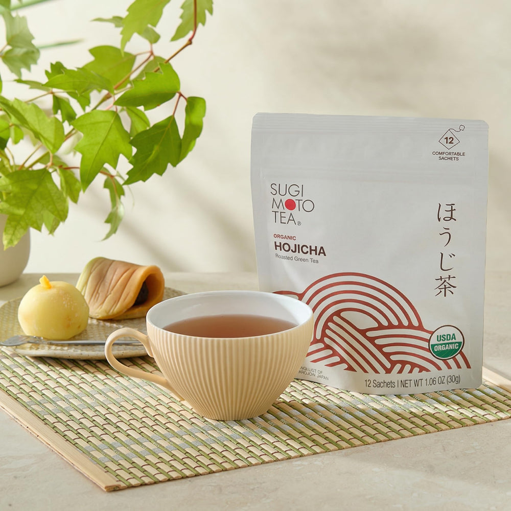 SUGIMOTO TEA tall glass of cold-brew hojicha, showcases refreshing chilled serving option
